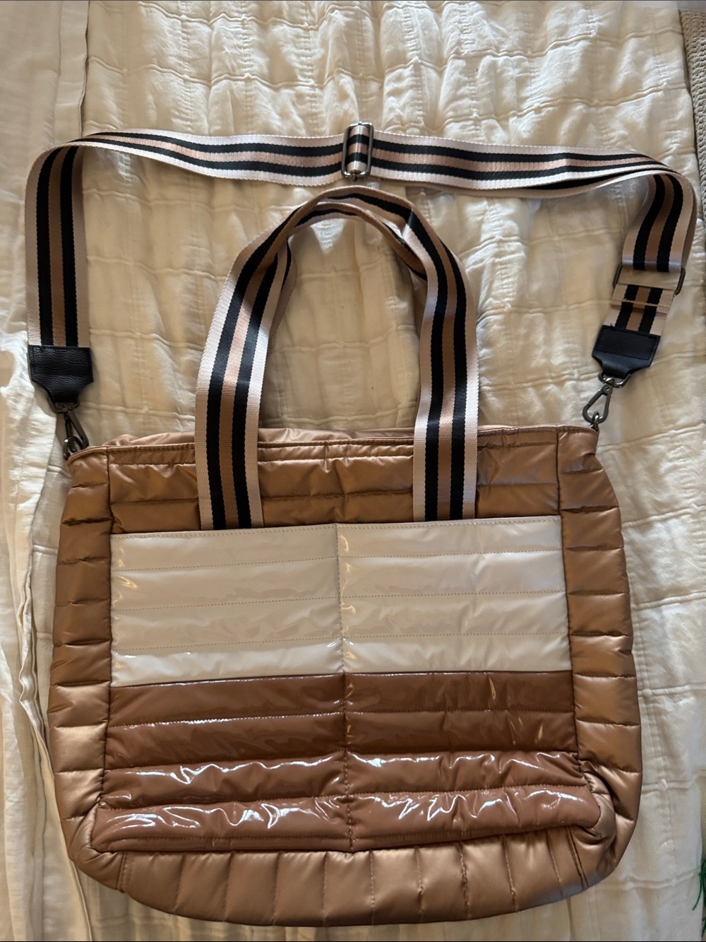 THINK ROYLN Quilted Tote Bag in Tan and White with Striped Strap